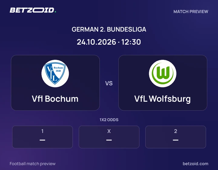 Vfl Bochum vs VfL Wolfsburg: German 2. Bundesliga match preview with team badges and kick-off details.