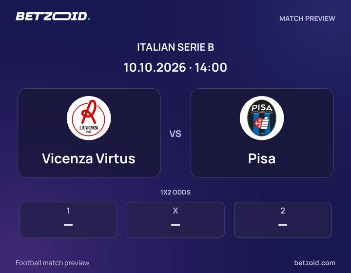 Vicenza Virtus vs Pisa: Italian Serie B match preview with team badges and kick-off details.