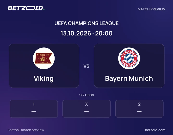 Viking vs Bayern Munich: UEFA Champions League match preview with team badges and kick-off details.