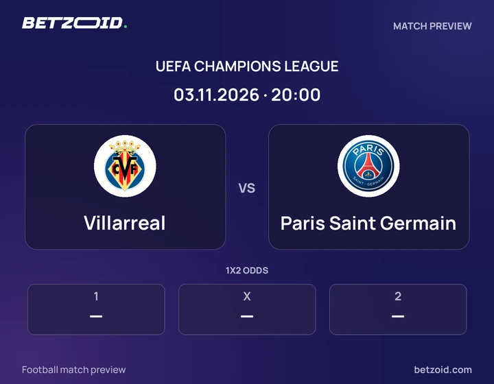 Villarreal vs Paris Saint Germain: UEFA Champions League match preview with team badges and kick-off details.
