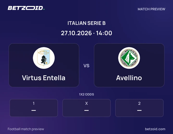 Virtus Entella vs Avellino: Italian Serie B match preview with team badges and kick-off details.