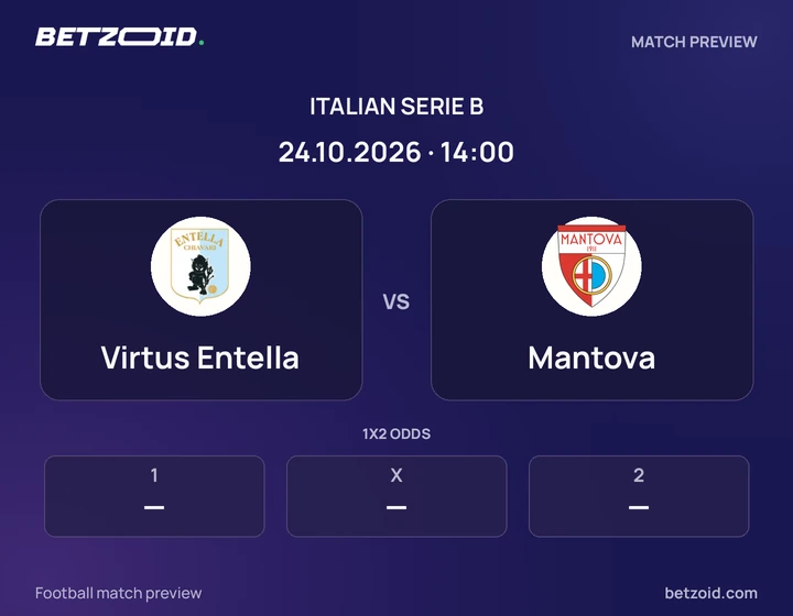 Virtus Entella vs Mantova: Italian Serie B match preview with team badges and kick-off details.