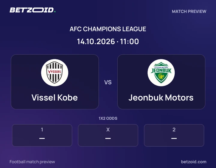 Vissel Kobe vs Jeonbuk Motors: AFC Champions League match preview with team badges and kick-off details.