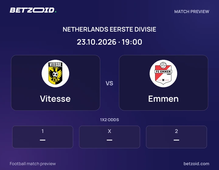 Vitesse vs Emmen: Netherlands Eerste Divisie match preview with team badges and kick-off details.