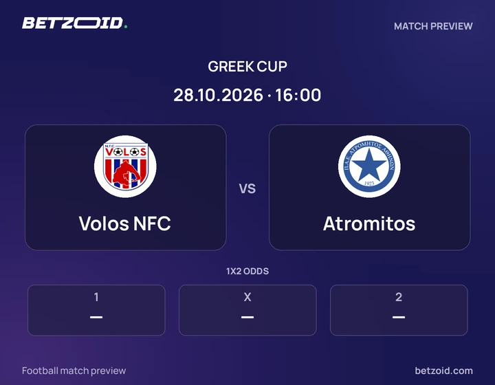 Volos NFC vs Atromitos: Greek Cup match preview with team badges and kick-off details.