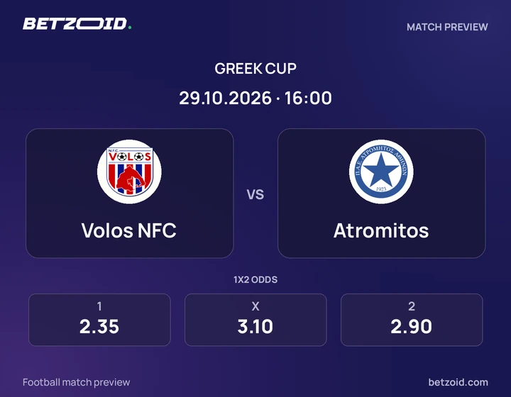 Volos NFC - Atromitos Volos NFC vs Atromitos: Greek Cup match preview with team badges and kick-off details.