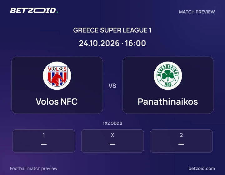 Volos NFC vs Panathinaikos: Greece Super League 1 match preview with team badges and kick-off details.
