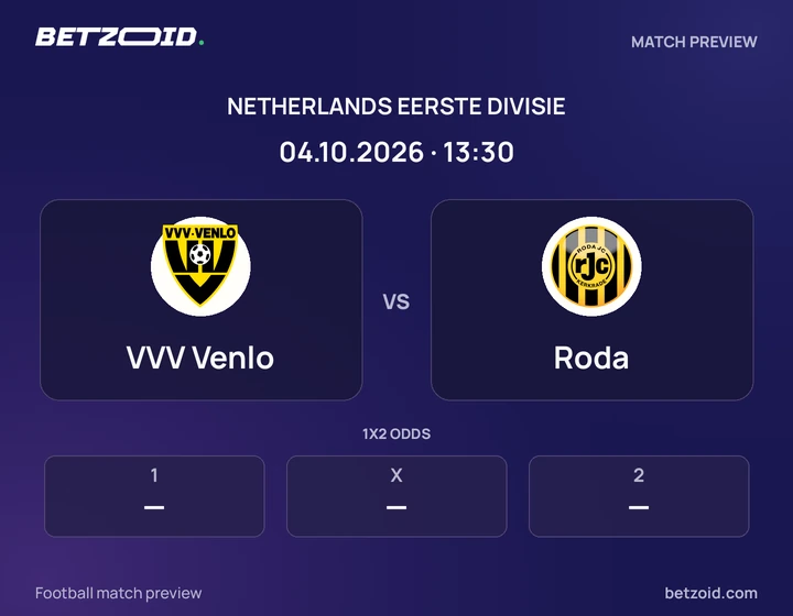 VVV Venlo - Roda VVV Venlo vs Roda: Netherlands Eerste Divisie match preview with team badges and kick-off details.