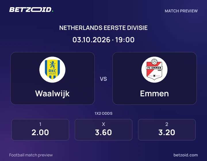Waalwijk - Emmen Waalwijk vs Emmen: Netherlands Eerste Divisie match preview with team badges and kick-off details.