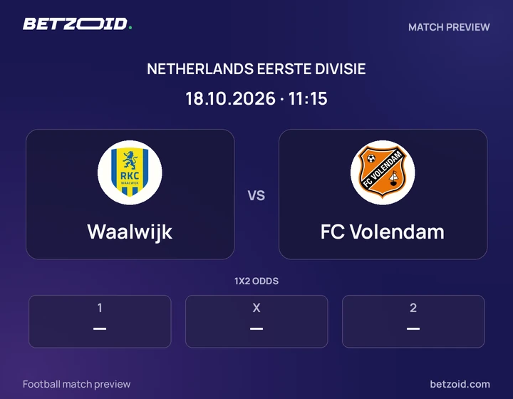 Waalwijk vs FC Volendam: Netherlands Eerste Divisie match preview with team badges and kick-off details.