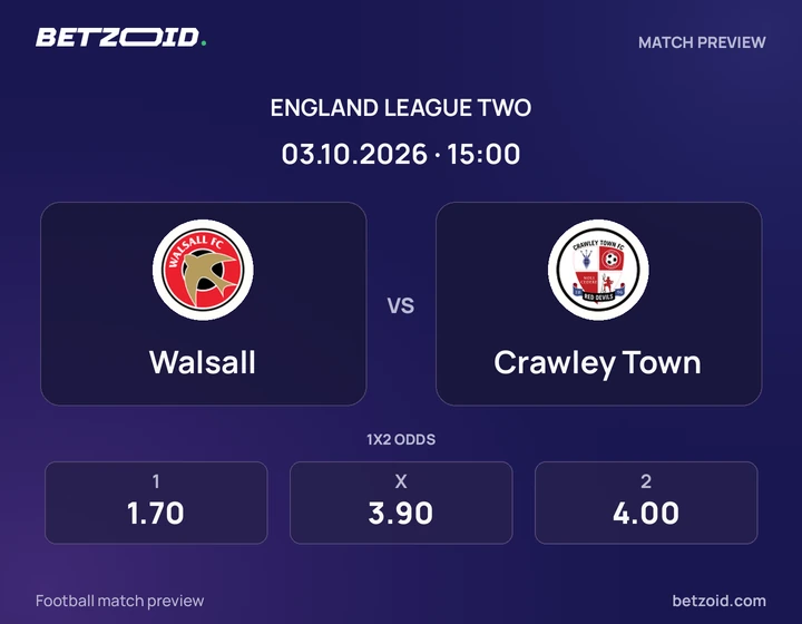 Walsall vs Crawley Town: England League Two match preview with team badges and kick-off details.