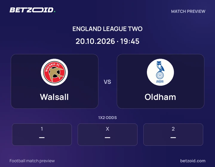 Walsall vs Oldham: England League Two match preview with team badges and kick-off details.