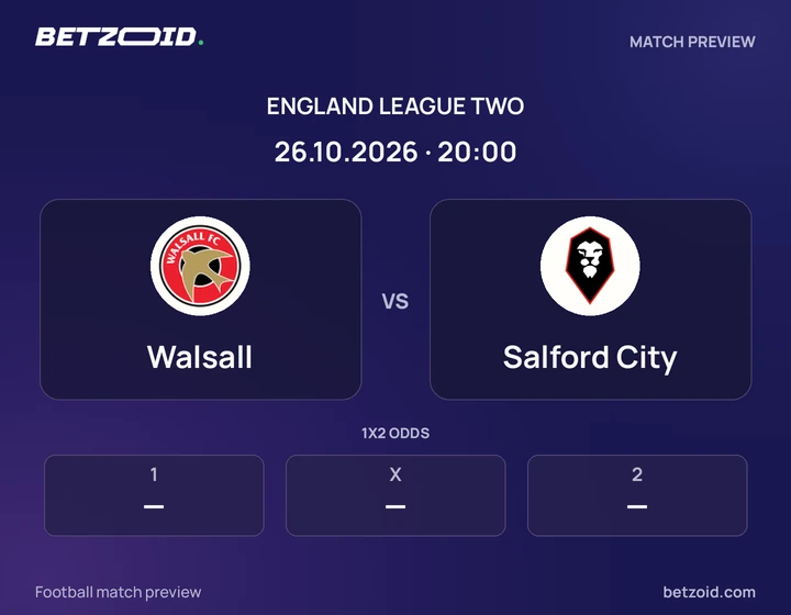 Walsall vs Salford City: England League Two match preview with team badges and kick-off details.