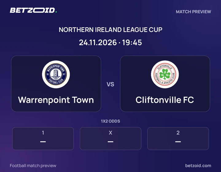 Warrenpoint Town - Cliftonville FC Warrenpoint Town vs Cliftonville FC: Northern Ireland League Cup match preview with team badges and kick-off details.