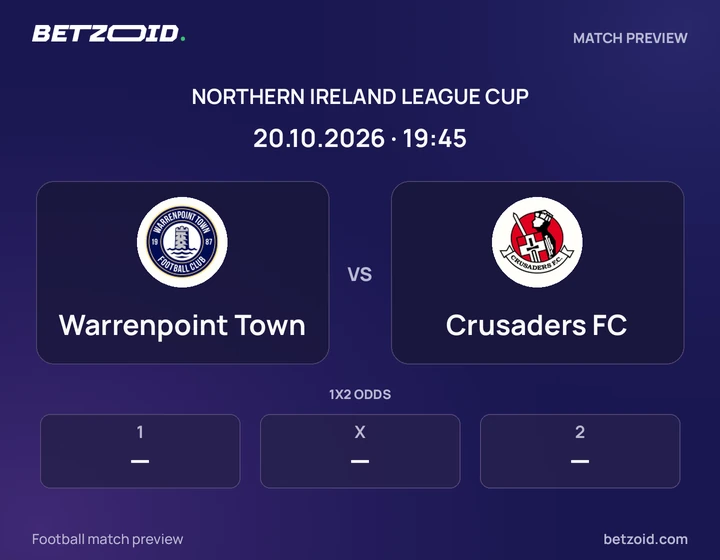 Warrenpoint Town vs Crusaders FC: Northern Ireland League Cup match preview with team badges and kick-off details.