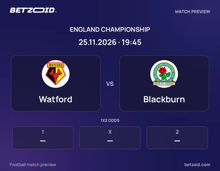 Watford - Blackburn Watford vs Blackburn: England Championship match preview with team badges and kick-off details.