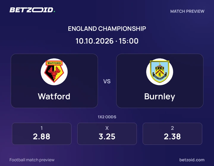 Watford vs Burnley: England Championship match preview with team badges and kick-off details.