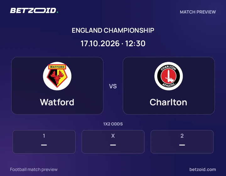 Watford vs Charlton: England Championship match preview with team badges and kick-off details.