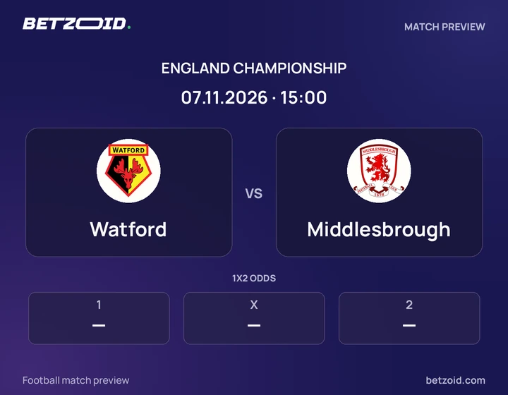Watford vs Middlesbrough: England Championship match preview with team badges and kick-off details.