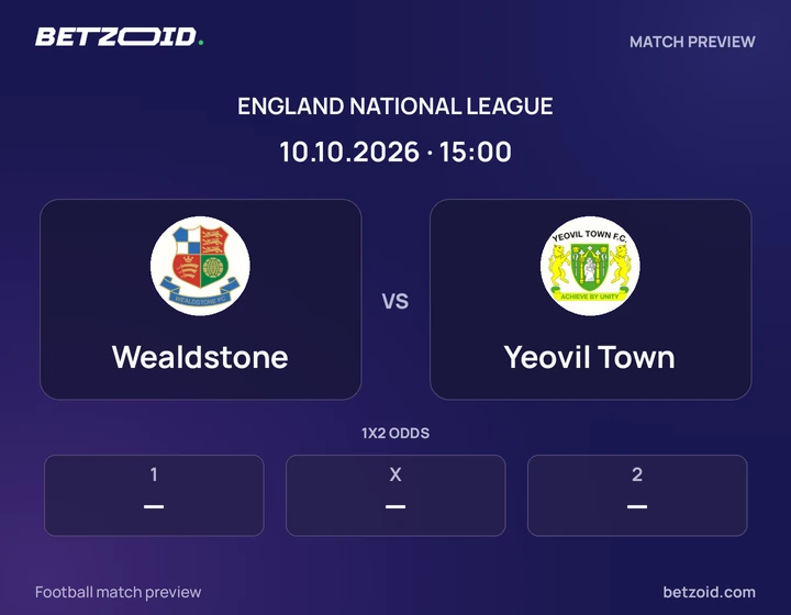 Wealdstone vs Yeovil Town: England National League match preview with team badges and kick-off details.
