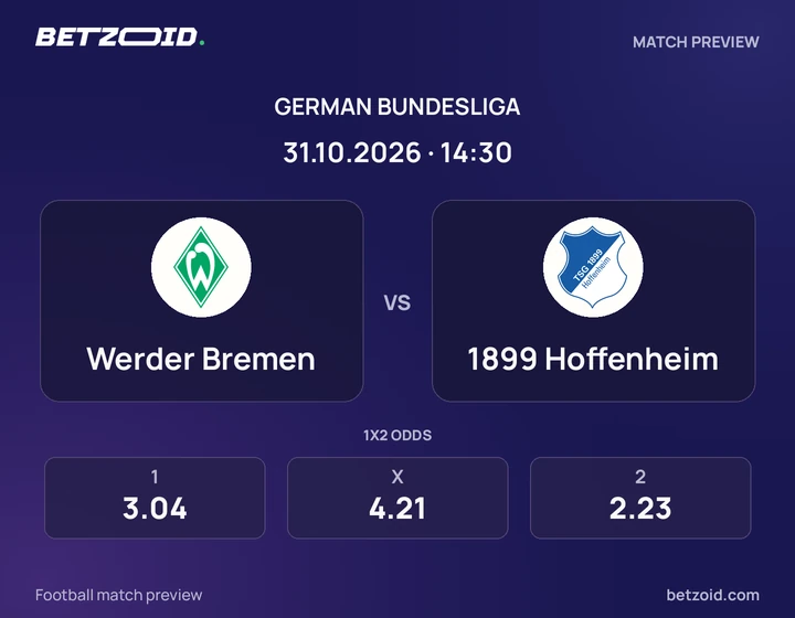 Werder Bremen – 1899 Hoffenheim: Spielvorschau zum Wettbewerb Bundesliga mit Teamlogos und Anstoßzeit.