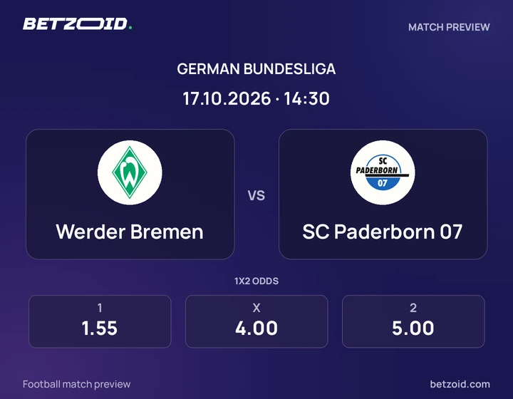 Werder Bremen vs SC Paderborn 07: German Bundesliga match preview with team badges and kick-off details.