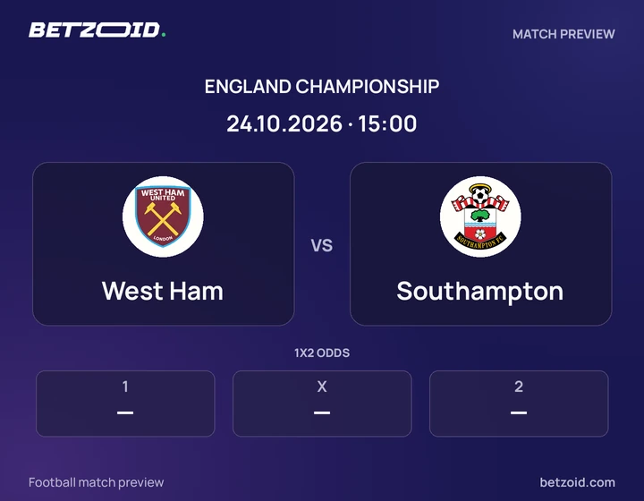 West Ham vs Southampton: England Championship match preview with team badges and kick-off details.