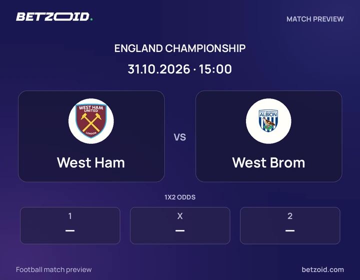 West Ham vs West Brom: England Championship match preview with team badges and kick-off details.