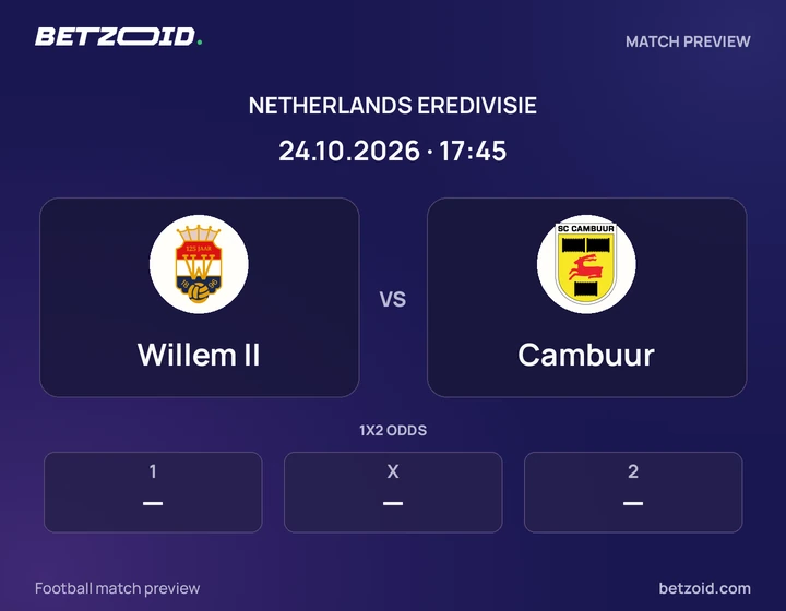 Willem II - Cambuur Willem II vs Cambuur: Netherlands Eredivisie match preview with team badges and kick-off details.