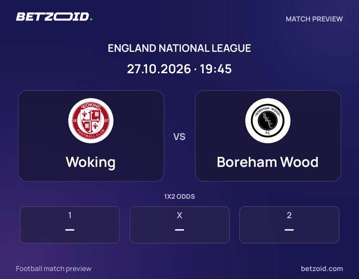 Woking vs Boreham Wood: England National League match preview with team badges and kick-off details.