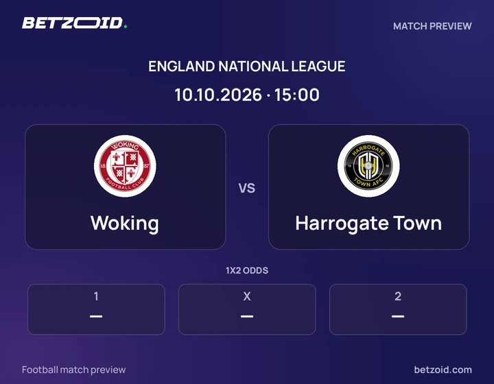 Woking vs Harrogate Town: England National League match preview with team badges and kick-off details.