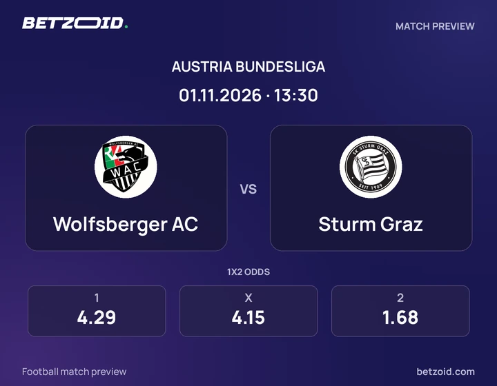 Wolfsberger AC - Sturm Graz Wolfsberger AC vs Sturm Graz: Austria Bundesliga match preview with team badges and kick-off details.