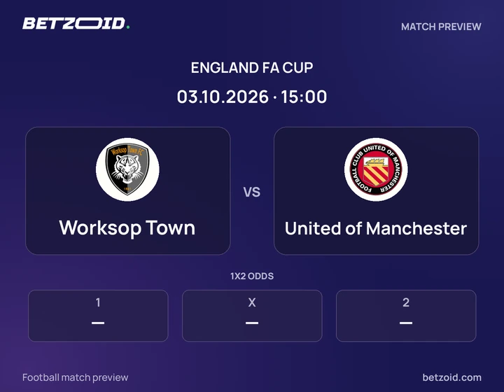 Worksop Town vs United of Manchester: England FA Cup match preview with team badges and kick-off details.