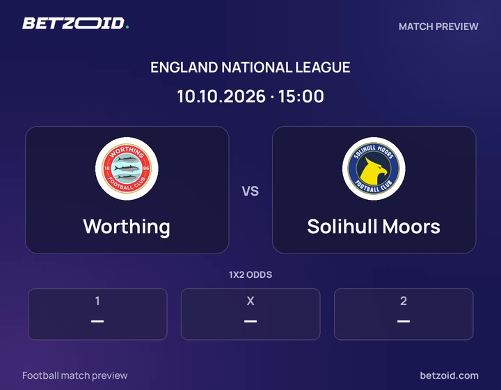 Worthing vs Solihull Moors: England National League match preview with team badges and kick-off details.