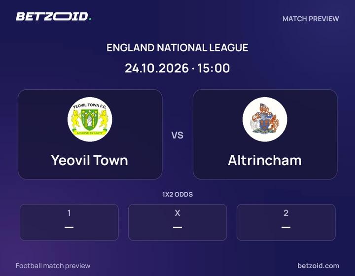 Yeovil Town vs Altrincham: England National League match preview with team badges and kick-off details.