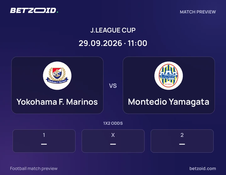 Yokohama F. Marinos vs Montedio Yamagata: J.League Cup match preview with team badges and kick-off details.