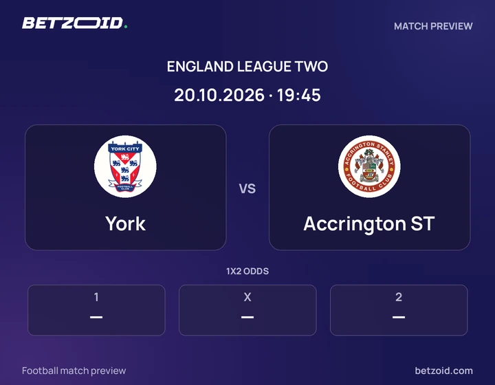 York vs Accrington ST: England League Two match preview with team badges and kick-off details.