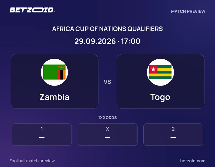 Zambia vs Togo: Africa Cup of Nations Qualifiers match preview with team badges and kick-off details.