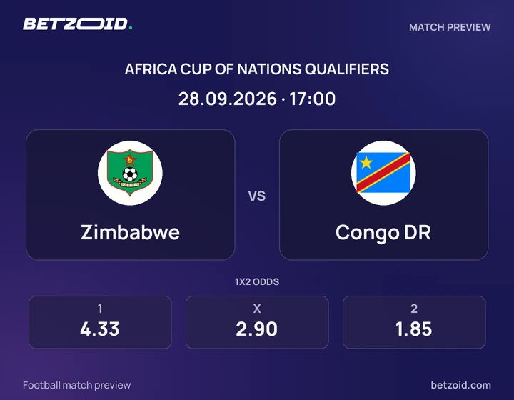 Zimbabwe vs Congo DR: Africa Cup of Nations Qualifiers match preview with team badges and kick-off details.