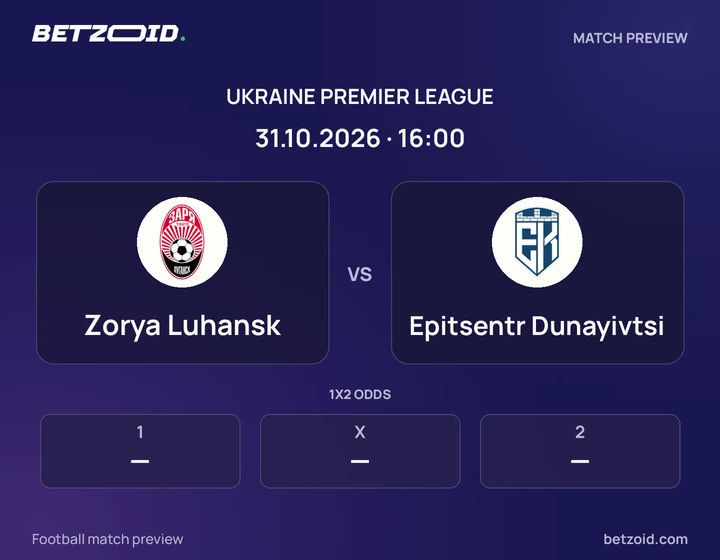 Zorya Luhansk - Epitsentr Dunayivtsi Zorya Luhansk vs Epitsentr Dunayivtsi: Ukraine Premier League match preview with team badges and kick-off details.