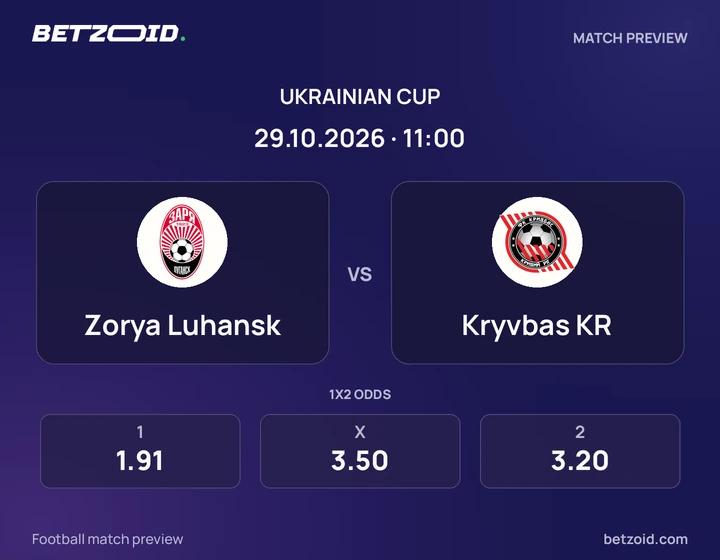 Zorya Luhansk - Kryvbas KR Zorya Luhansk vs Kryvbas KR: Ukrainian Cup match preview with team badges and kick-off details.