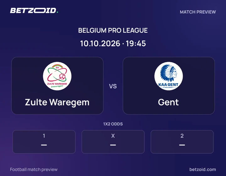 Zulte Waregem vs Gent: Belgium Pro League match preview with team badges and kick-off details.