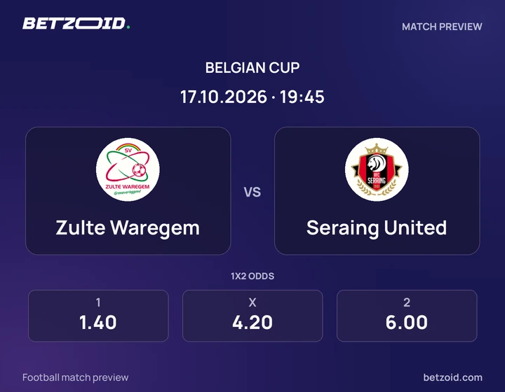Zulte Waregem - Seraing United Zulte Waregem vs Seraing United: Belgian Cup match preview with team badges and kick-off details.