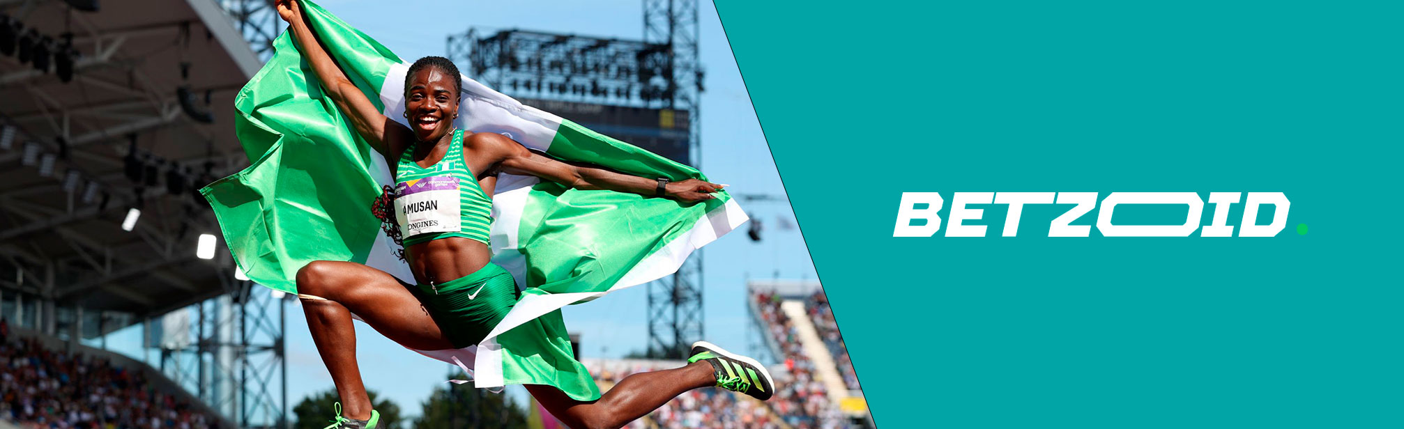 Nigerian sportsman with flag and Betzoid logo.