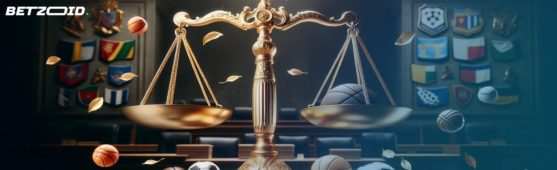 Balanza de justicia equilibrando un balón de básquet, simbolizando las casas de apuestas legales.