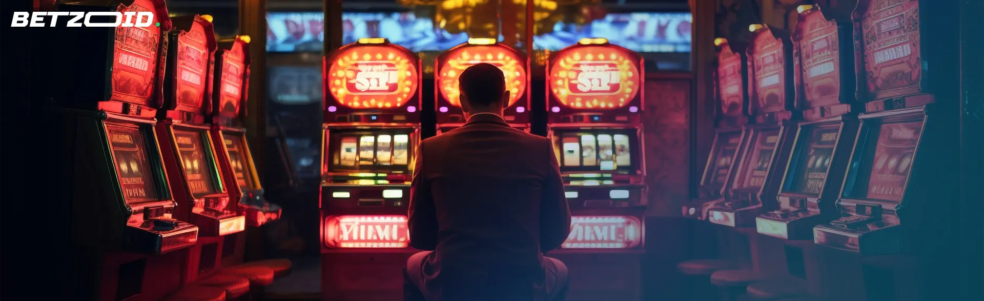 A person in front of slot machines, reminiscent of the allure of Android casino apps.