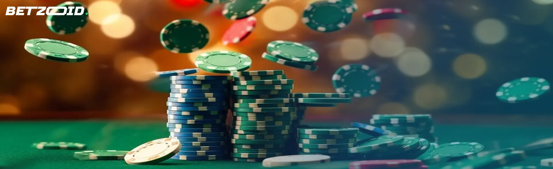 Fichas de casino volando sobre una mesa de juego, representativas de los casinos con apuestas bajas.