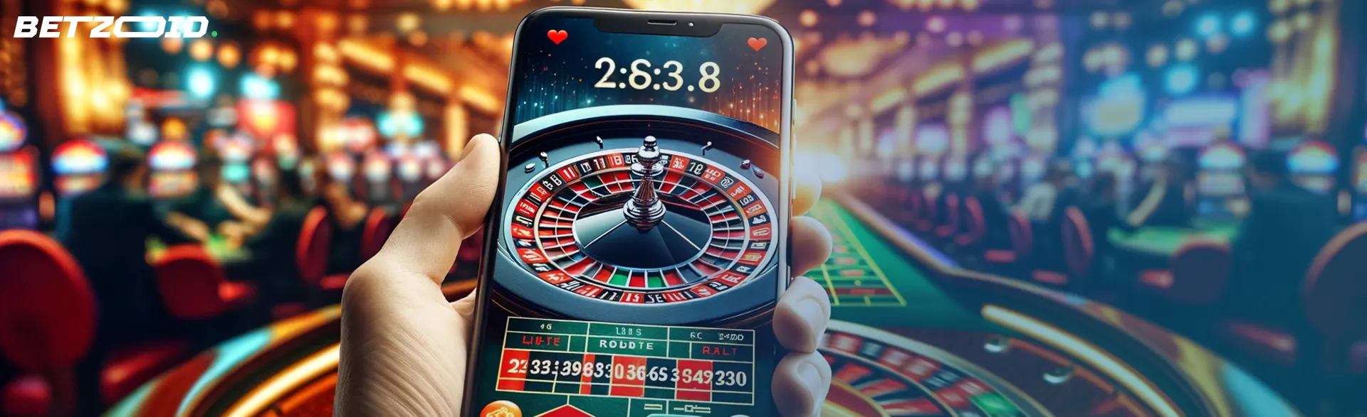 La mano sostiene un teléfono inteligente, con una pantalla que muestra una ruleta sobre un fondo de casinos de ruleta en directo.