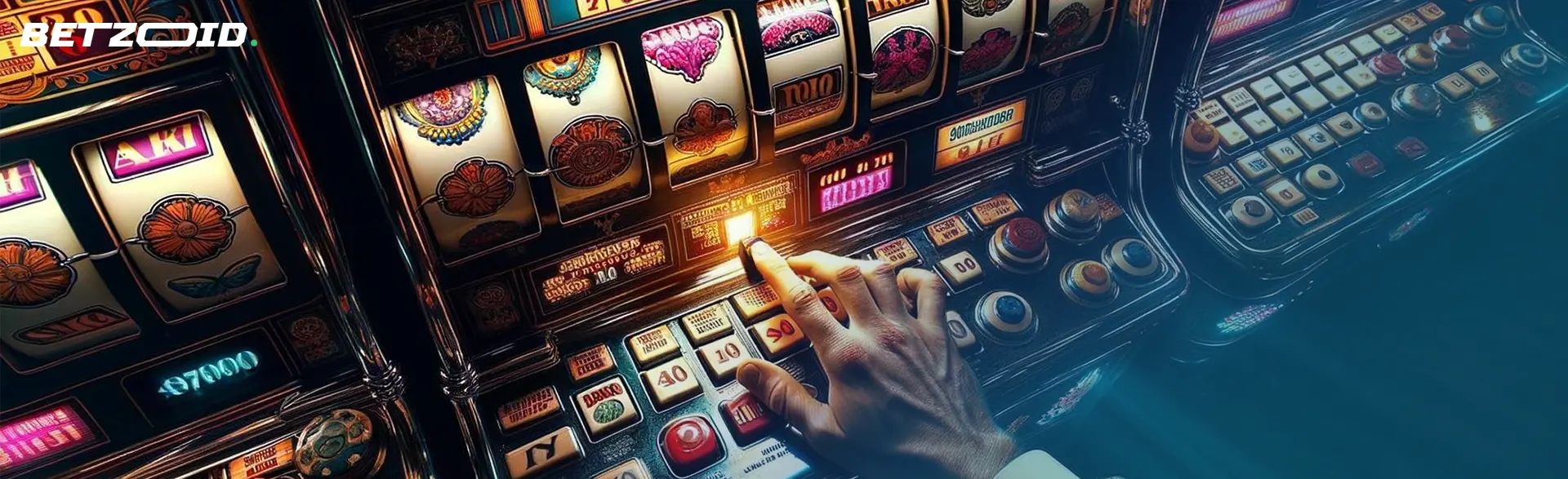 A gambler presses the button on a slot machine, a common feature in casinos with free spins.