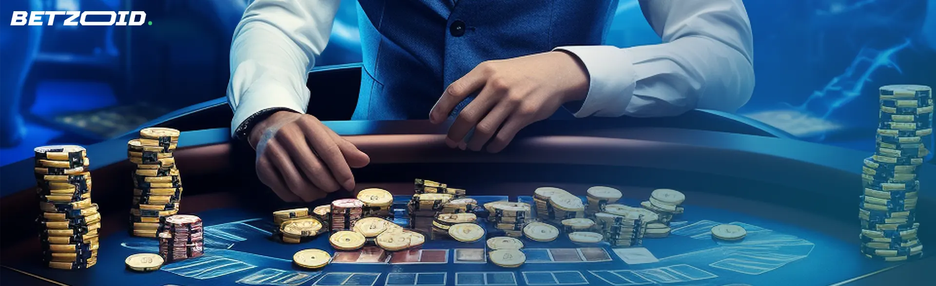 Dealer's hand spreading chips at casinos accepting minimum deposits.